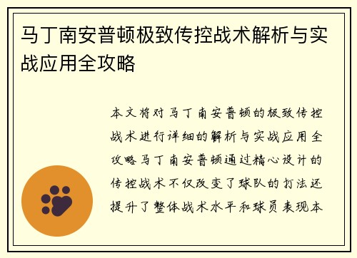 马丁南安普顿极致传控战术解析与实战应用全攻略